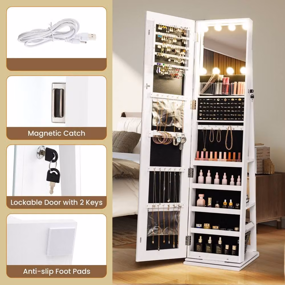 Costway Freestanding 360 Swivel Jewelry Cabinet with LED Lighting and Mirror in White – 7