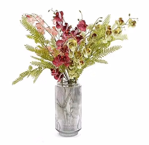 Leaf Design Multicolour Orchid Artificial Floral Display with Round Transparent Glass Vase