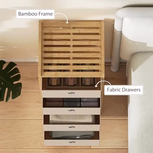HOMCOM Chest of Drawers with Bamboo Frame and 4 Fabric Drawers in Cream White – 4