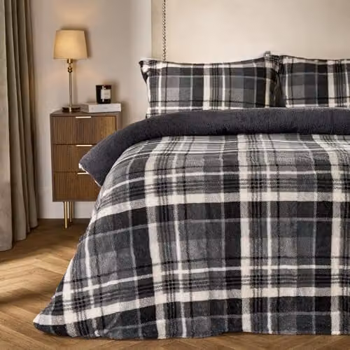 OHS Teddy Fleece Checked Duvet Cover and Pillowcase Set in Anthracite Grey, W/D/H: 200 x 200 cm – 1