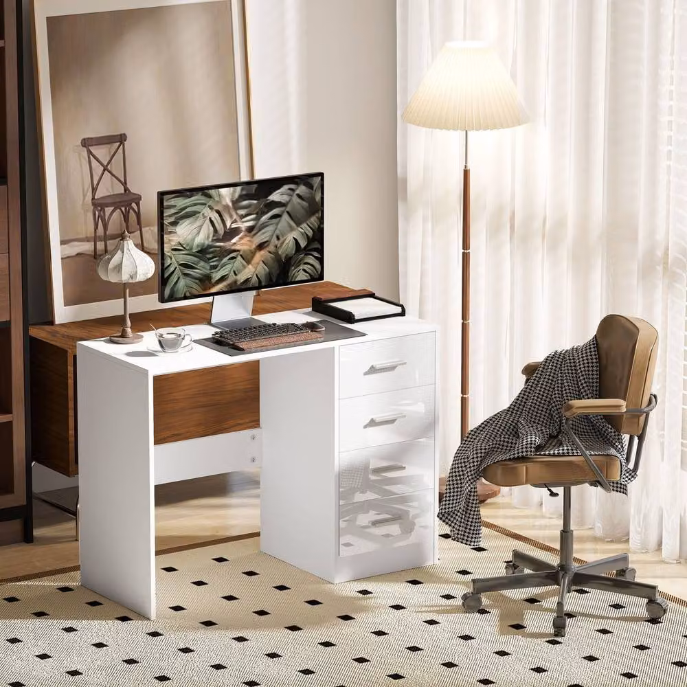 Wyld Haus Reka Modern Glossy White Writing Desk with Dual Pedestal Drawers, H: 98 cm, W: 120 cm, D: 60 cm – 3