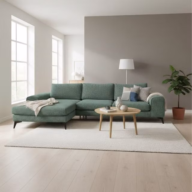Abakus Direct Venice Chenille Left-Hand Corner Sofa in Green with Deep Seats and Extra-wide Padded Arms