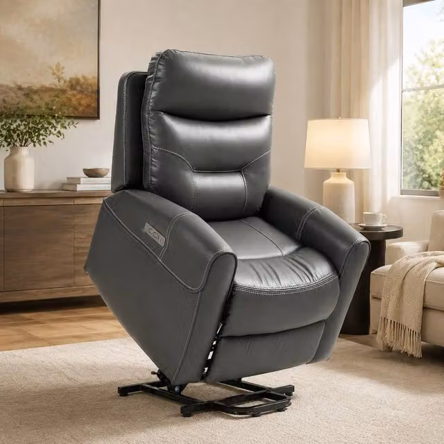 STILVORA Grey Synthetic Leather Recliner Armchair with USB Ports and Footrest – 1