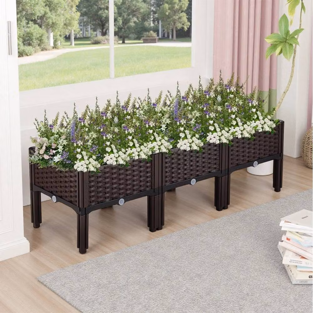 EONLION 3 Grid Large Raised Garden Bed Elevated Planter with Legs, Brown, W/D/H: 120 x 40 x 37 cm – 4