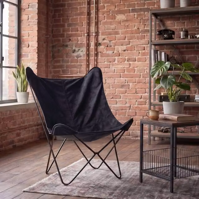 Wyld and Coco Velvet Sling Butterfly Lounge Chair in Black with Metal Hairpin Legs – 1
