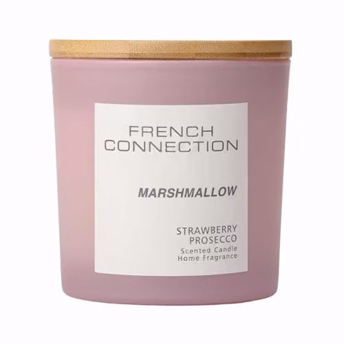 French Connection Pastel Range Marshmallow Scented Container Candle in Pink with Frosted Glass Jar and Bamboo Lid