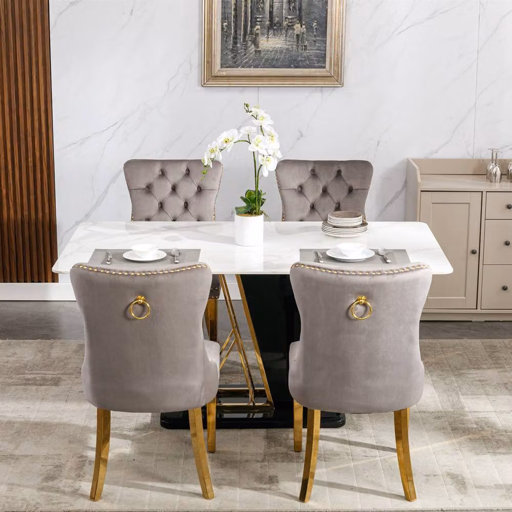 HomeTouch Set of 4 Grey Velvet Dining Chairs with Gold Metal Legs – 2