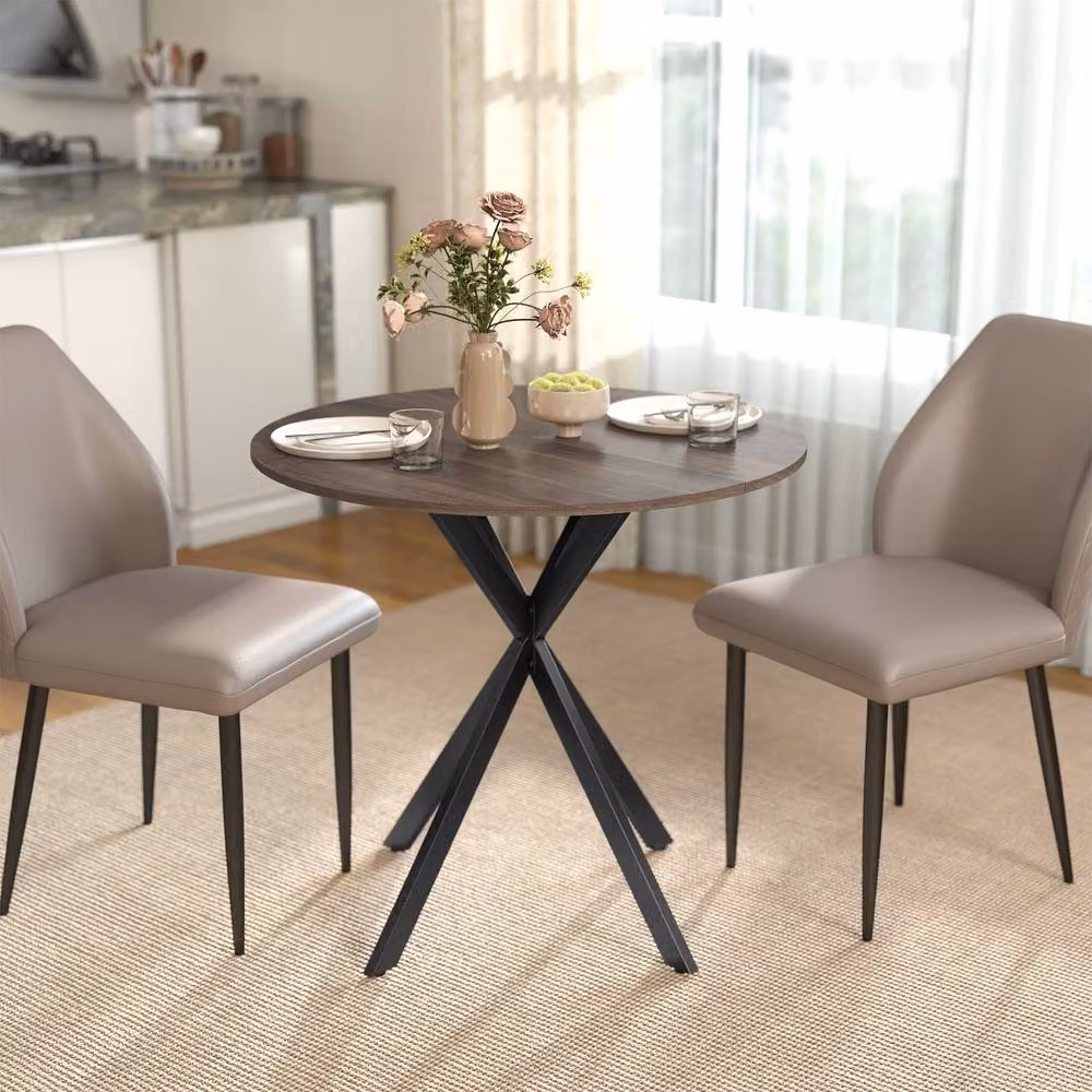 HOMCOM Round Industrial Dining Table with X-Frame Steel Legs, Brown and Black – 2