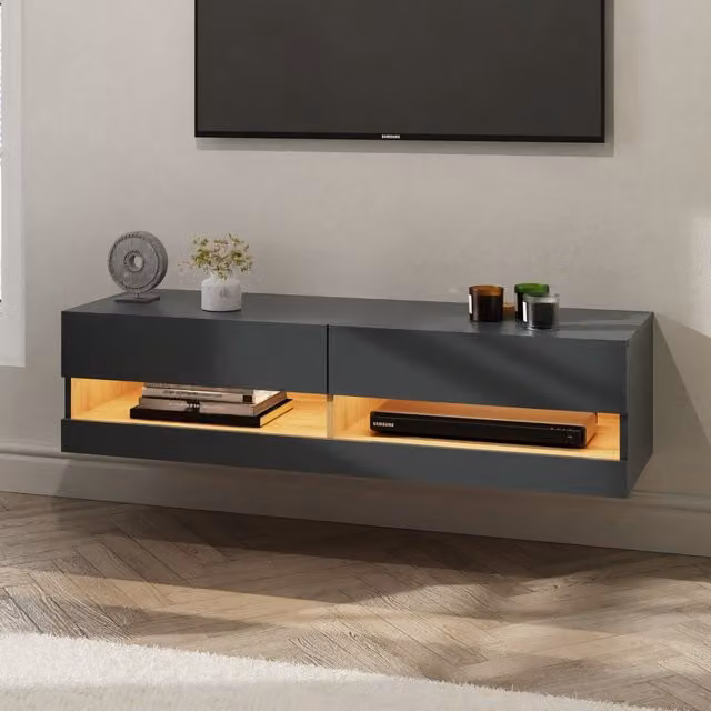 GFW Leon Minimalist Wall TV Unit with LED in Anthracite Grey, Width: 120 cm