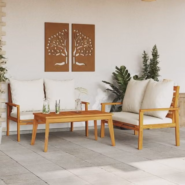 Berkfield Home 3 Piece Acacia Wood Garden Lounge Set with Cushions in Brown