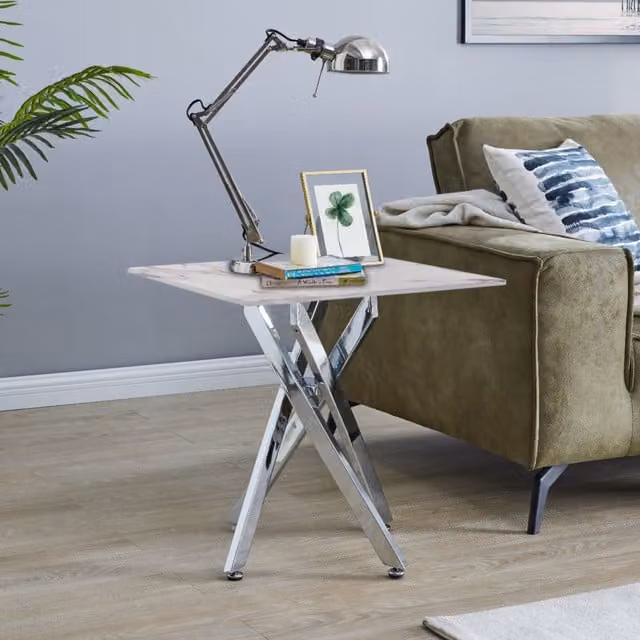 FurnitureboxUK Leonardo Modern Square Side Table with Glass Top and Silver Metal X-Frame Legs in White