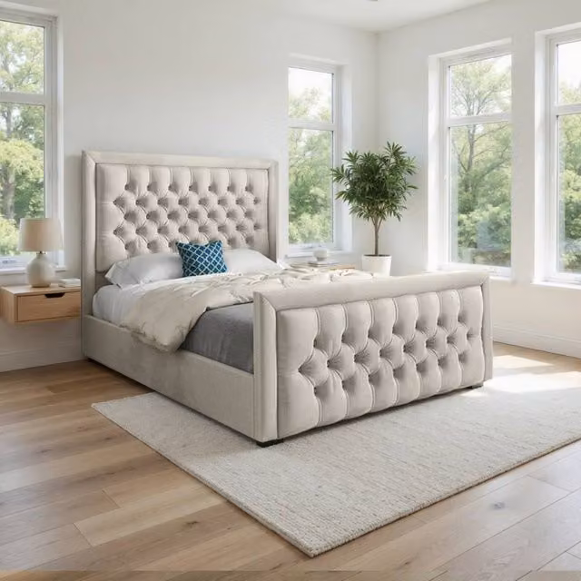 KDMD Sway Upholstered Designer Bed Frame in Beige Velvet, W/D/H: 140 x 200 cm – 1