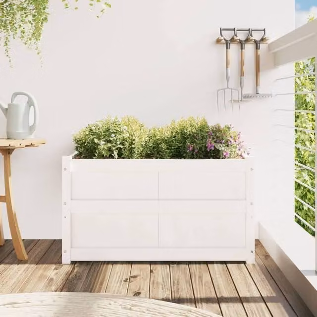 Berkfield Home Beautiful Garden Planter in White Solid Wood Pine, W/D/H: 90 x 50 x 50 cm