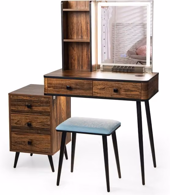 Costway Modern Hollywood LED Makeup Dressing Table and Stool Set in Brown