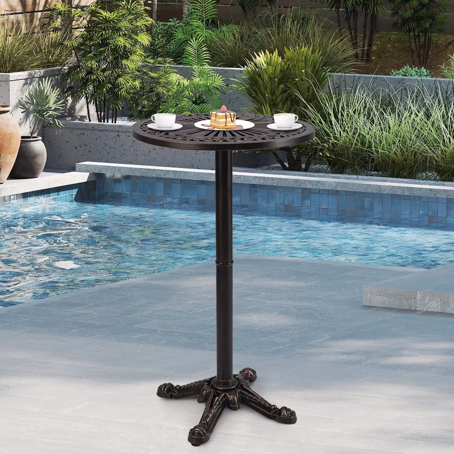 Gymax Round Patio Bar Table in Light Bronze, Cast Aluminium High Top Table, Diameter: 61 cm, Height: 105 cm – 3