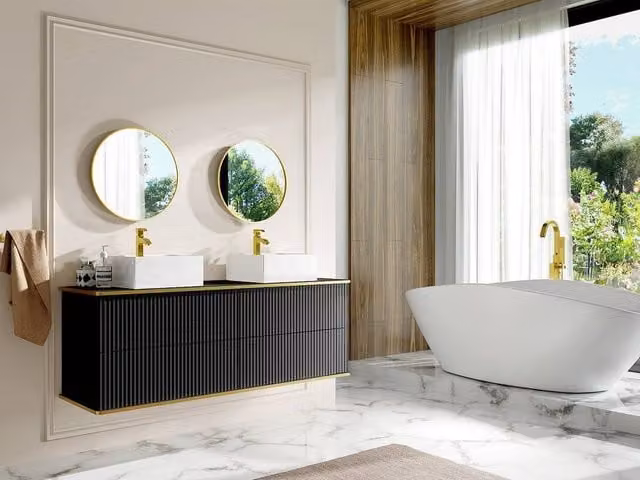 Vente-unique Suspended Ribbed Bathroom Vanity Unit with 4 Drawers and Gold Trim, Black – 1
