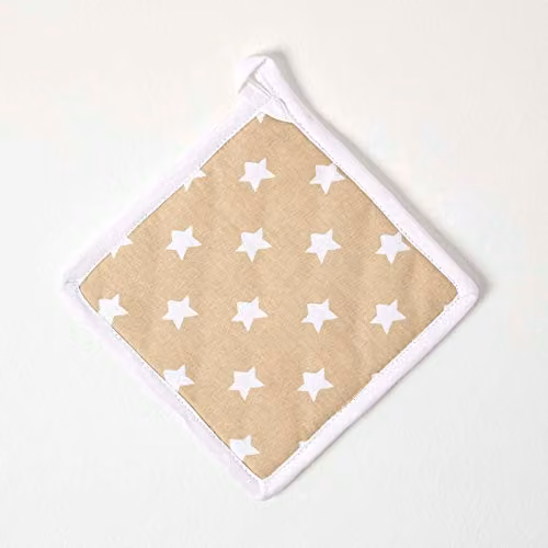 Homescapes Cotton Pot Holder in Beige and White Stars, W/D/H: 20 x 20 x 20 cm