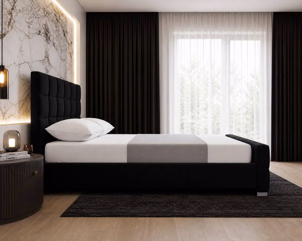 Stratus Interiors Malta Cubed Upholstered Plush Velvet Bed Frame in Black, King Size (180 x 200 cm) – 2