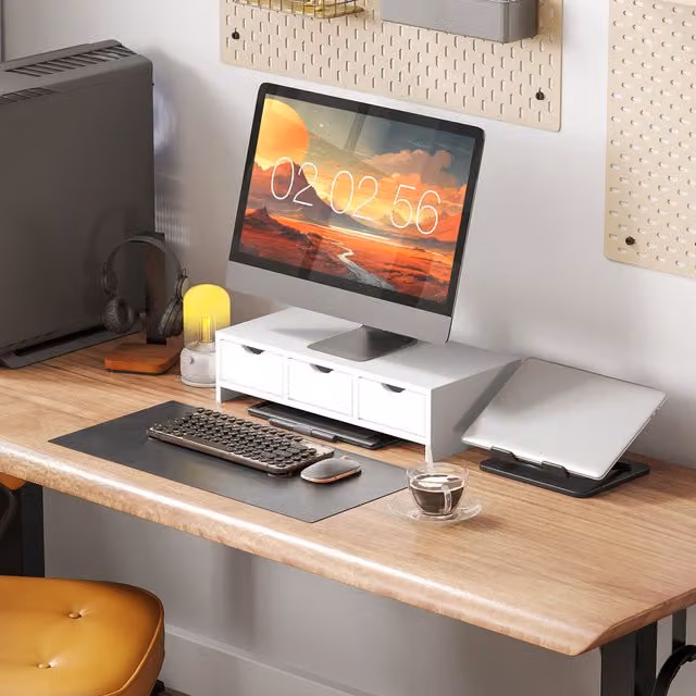 HOMCOM Monitor Stand Riser with 3 Drawers, White