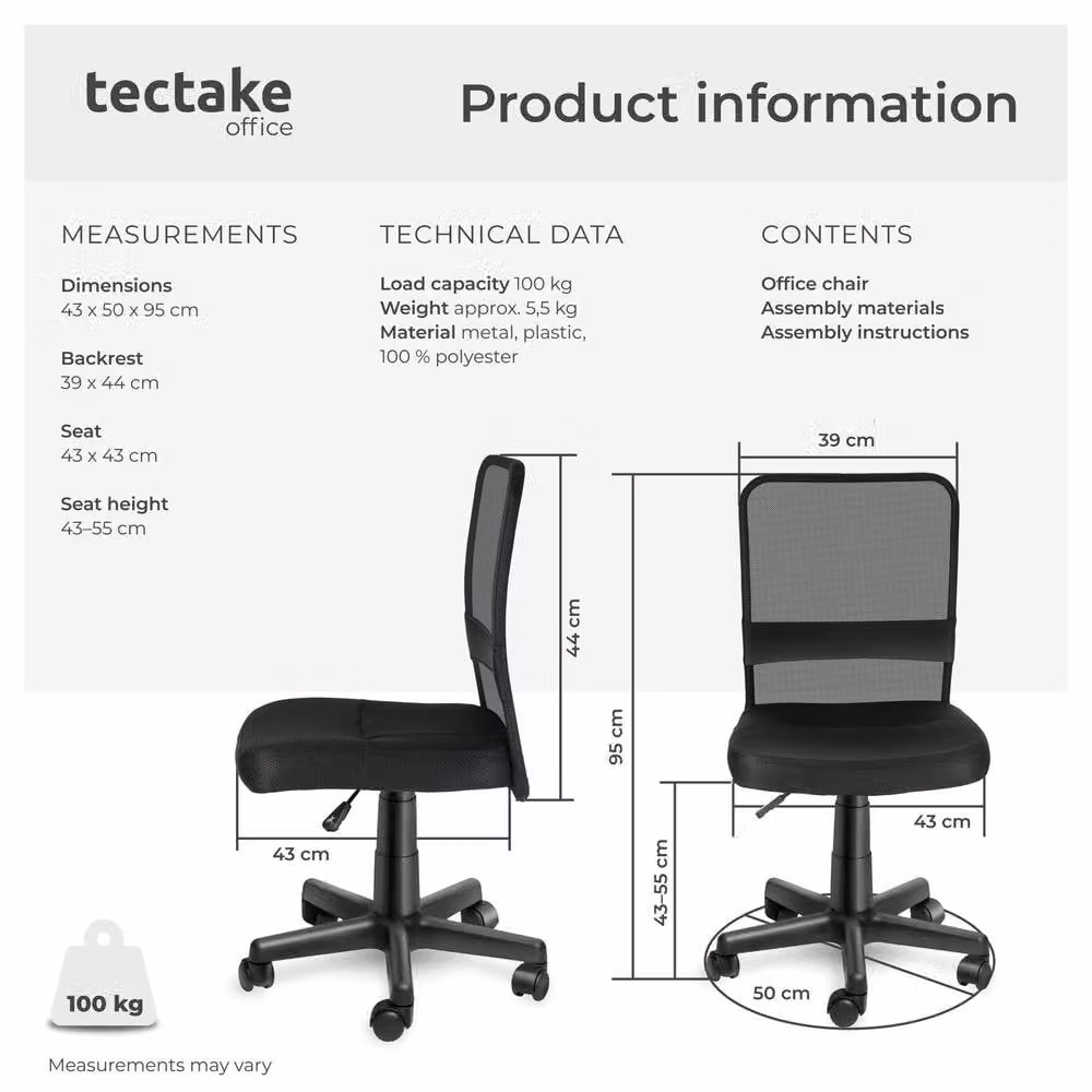 tectake Patrick Black Fabric Task Chair with 360 Degree Swivel and Castors for Home Office – 6