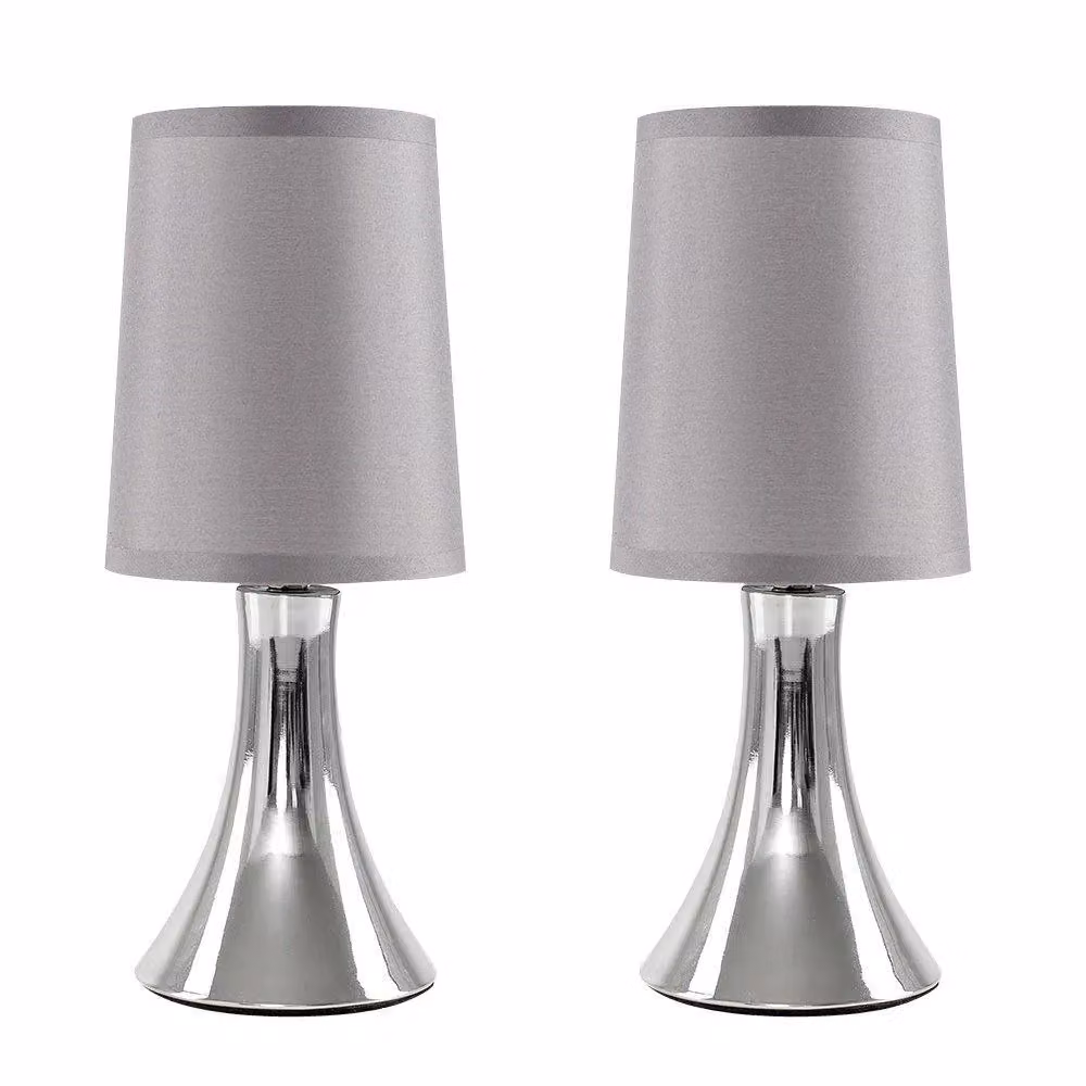 ValueLights Set of 2 Modern Chrome Trumpet Touch Table Lamps with Grey Fabric Shades – 2