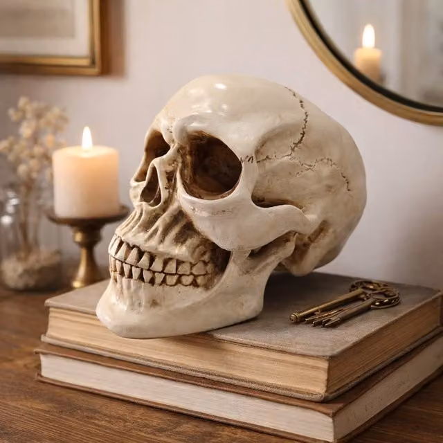 Voltico Realistic Human Skull Ornament in Beige, W/D/H: 15.0 x 12.5 x 12.5 cm – 1