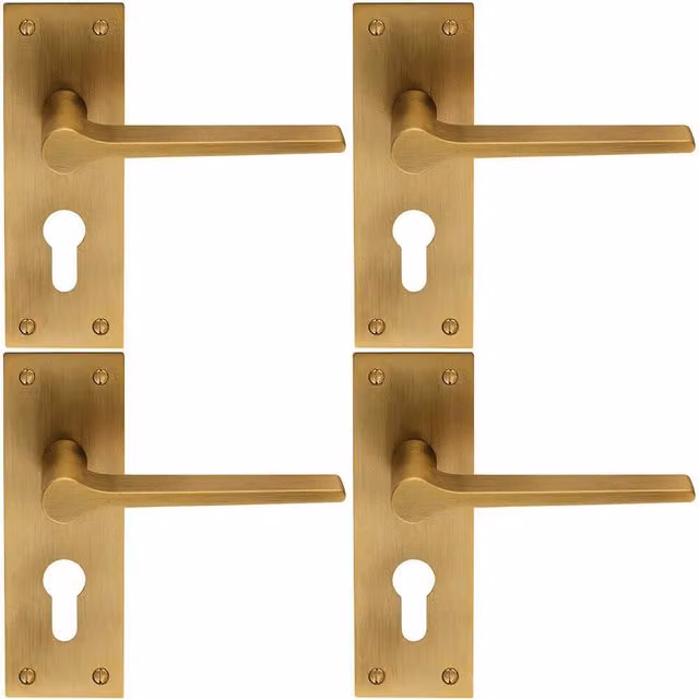 Loops 4 Pairs of Flat Straight Lever Slim Euro Lock Backplate Handles in Antique Brass, W: 150 mm, H: 50 mm