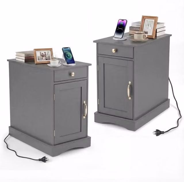 FLAVORA Narrow Grey Bedside Table with Charging Station