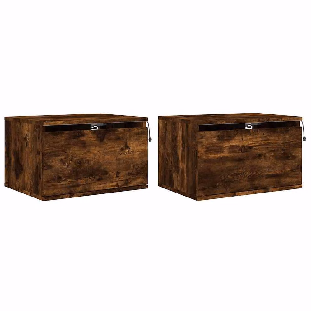 Berkfield Home Set of 2 Wall-mounted Bedside Cabinets with Integrated LED Lights, Smoked Oak, Brown, W/D/H: 36 x 30 x 50 cm – 3