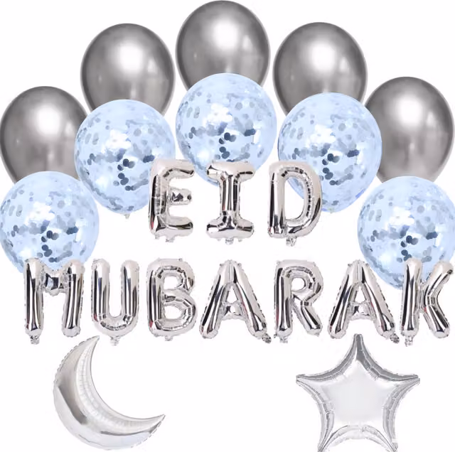 Peacock Supplies Eid Mubarak Silver Balloon Bundle with Stars, Moon and Letter Balloons