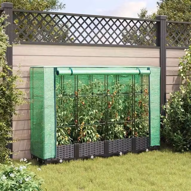 Berkfield Home Raised Bed with Greenhouse Cover in Black Rattan Look, W: 160 cm, D: 40 cm, H: 123 cm
