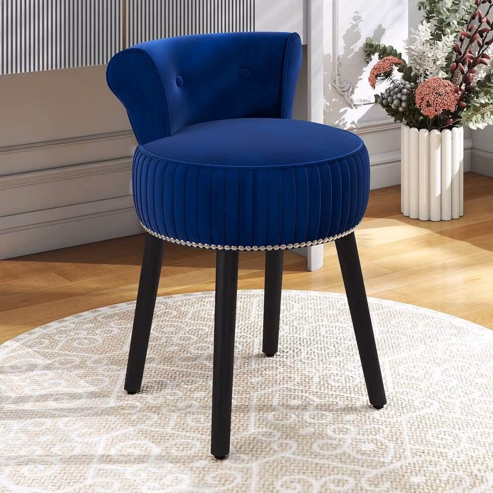 VOGREX Tufted Upholstered Vanity Stool with Rubberwood Legs in Blue – 3