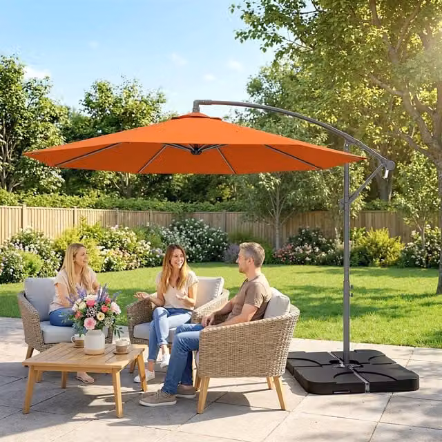 Outsunny Orange Cantilever Banana Parasol Garden Umbrella with Base Weights (3 m)