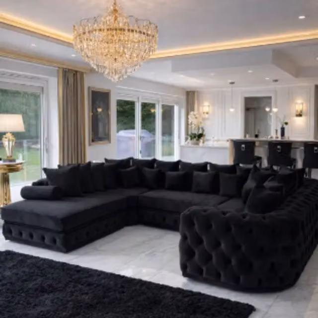 HOB Furniture Royal Surrey Black Velvet U-Shape Chesterfield Chaise Sofa with Ottoman and Scatter Cushions