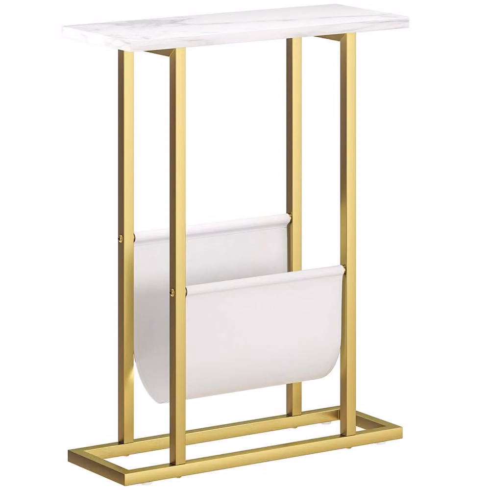 Wyld Haus Vanozi Slim Side Table with Magazine Shelf in White Marble Grain and Gold – 2