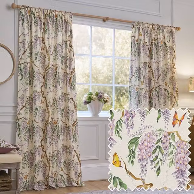 Voyage Maison Mariposa Floral 100% Cotton Pencil Pleat Curtain Pair, Multicolour, Width: 168 cm, Drop: 229 cm