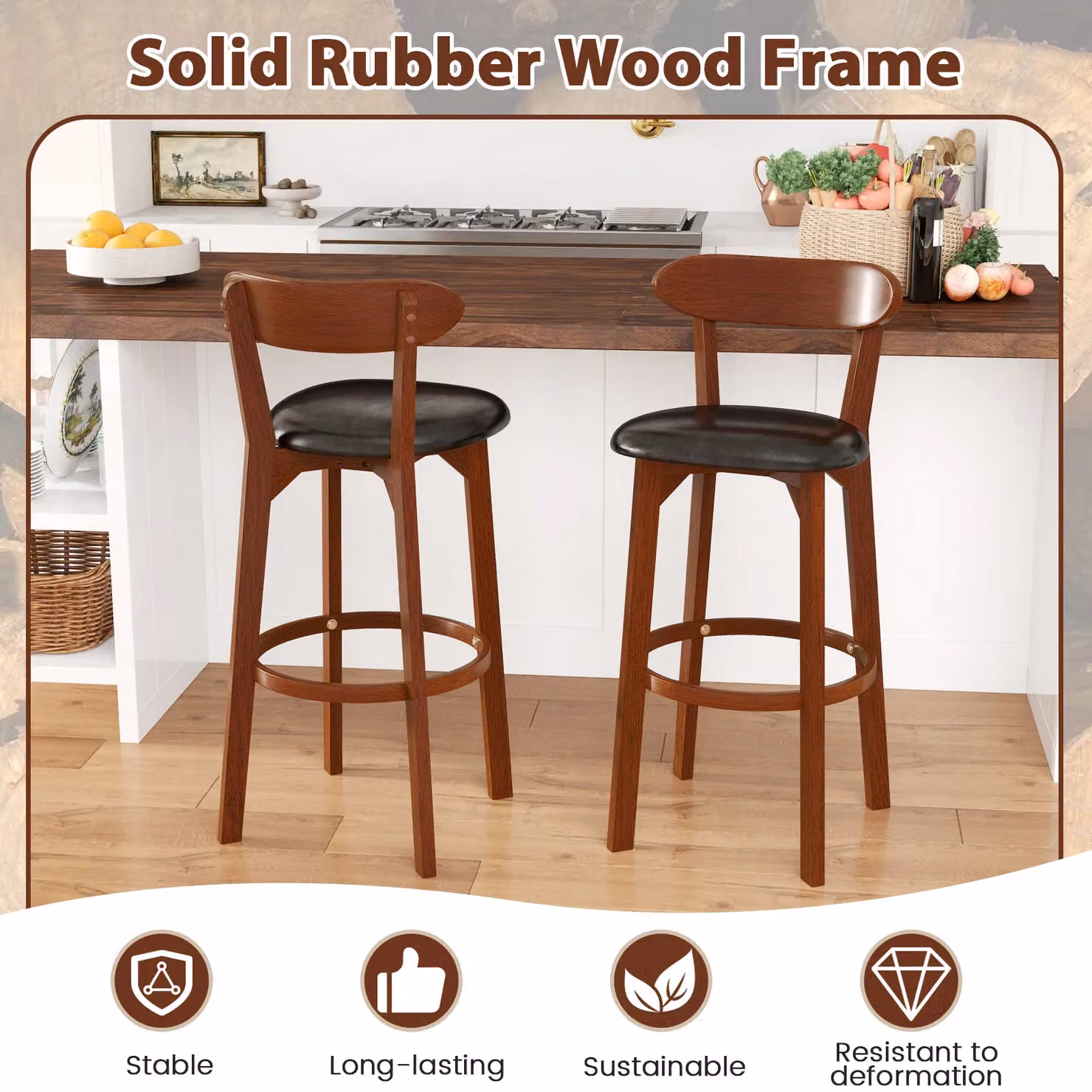 Gymax Set of 2 Modern Walnut Bar Stools with Curved Backrest and Synthetic Leather Seat, Seat Height: 77 cm – 4