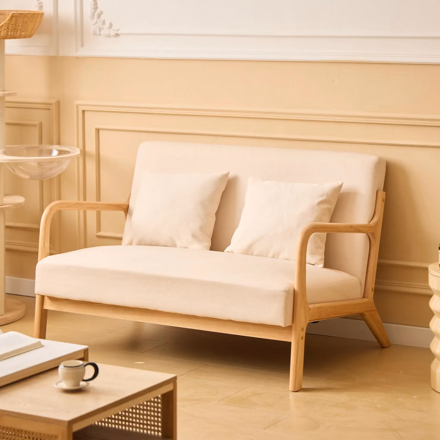 Nordlys Scandinavian 2-Seater Wooden and Fabric Bench in Beige and Red – 2