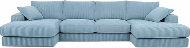 LUXURY LIFE Brooklyn L-Shape Corner Sofa with Matching Ottoman and Scatter Cushions in Pale Blue Jumbo Cord Fabric