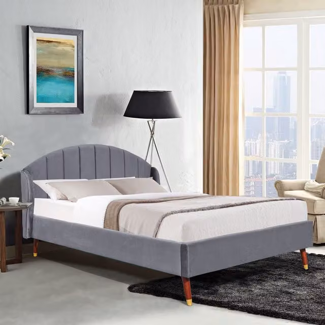 Comfy Living Winged Plush Velvet Fabric Bed Frame with Curved Headboard in Grey, 167 cm