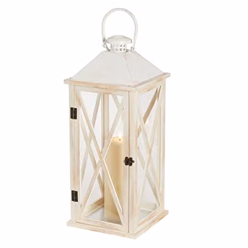Lights4fun Folkestone Large White and Brown Wooden Rustic Lantern with TruGlow LED Candle, H 59.3 cm x W 23.8 cm x D 23.8 cm – 2