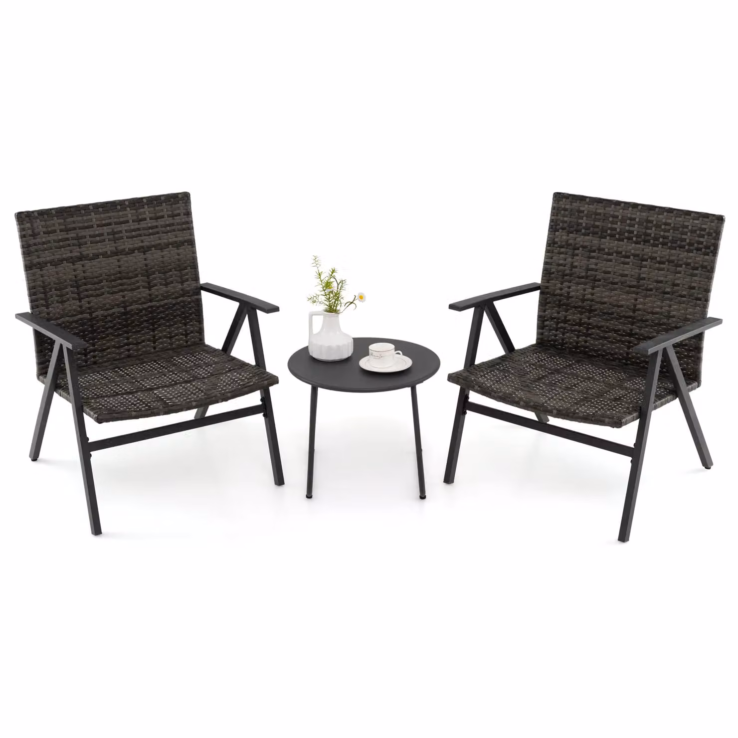 Costway 3-Piece Patio Bistro Set with Metal Frame and Rattan Armchairs and Table in Black – 7