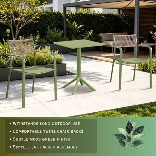 Core Products 3-Piece Bistro Garden Set with Two Rope-Back Armchairs and Square Plastic Table in White and Green – 2