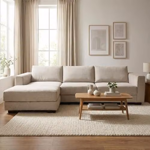 Abakus Direct Kaizer L-Shaped Corner Sofa in Beige Bouclé Fabric, Left Facing