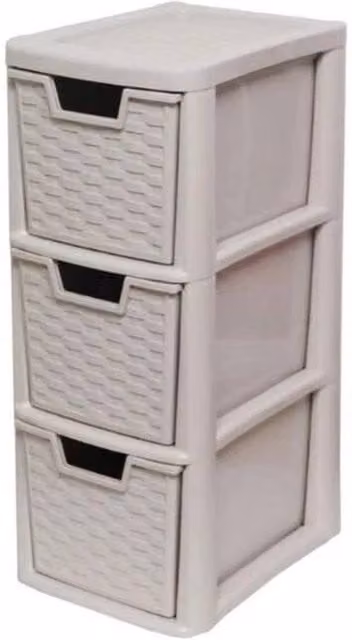 FORGEVIO 3 Drawer Mushroom Rattan Plastic Storage Unit, Light Grey, W: 50 cm