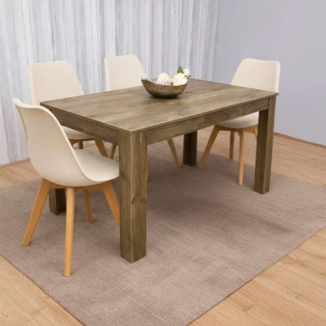 Kosy Koala Modern Rustic Dining Set with Rectangular Beech Effect Table and 4 Beige Plastic Chairs, W/D/H: 120 x 80 x 75 cm
