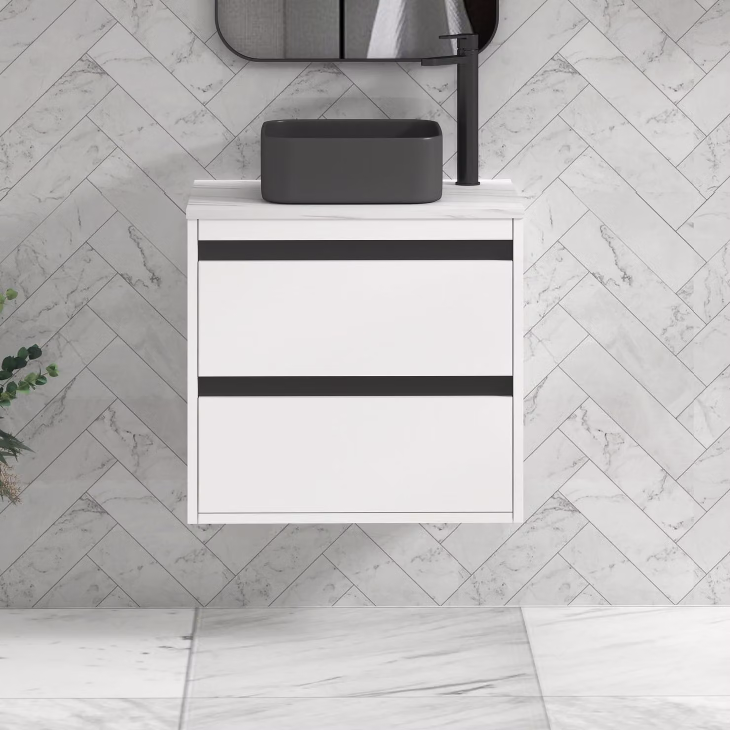 Royal Bathrooms Orion 800mm Matt White Wall Hung 2 Drawer Vanity Unit with Art Square Basin and Black Accent Trim