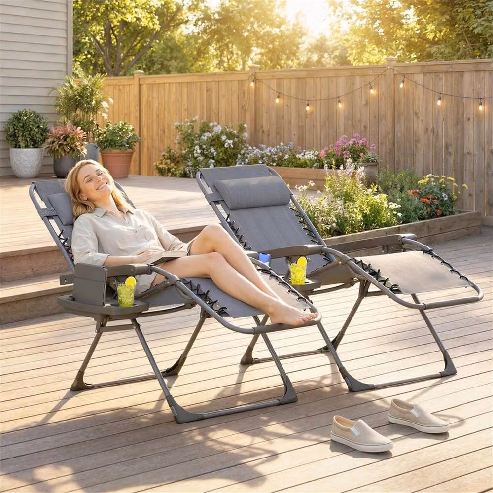 SPETLEK Set of 2 Grey Zero Gravity Recliner Chairs with Adjustable Headrest and Side Tray – 3