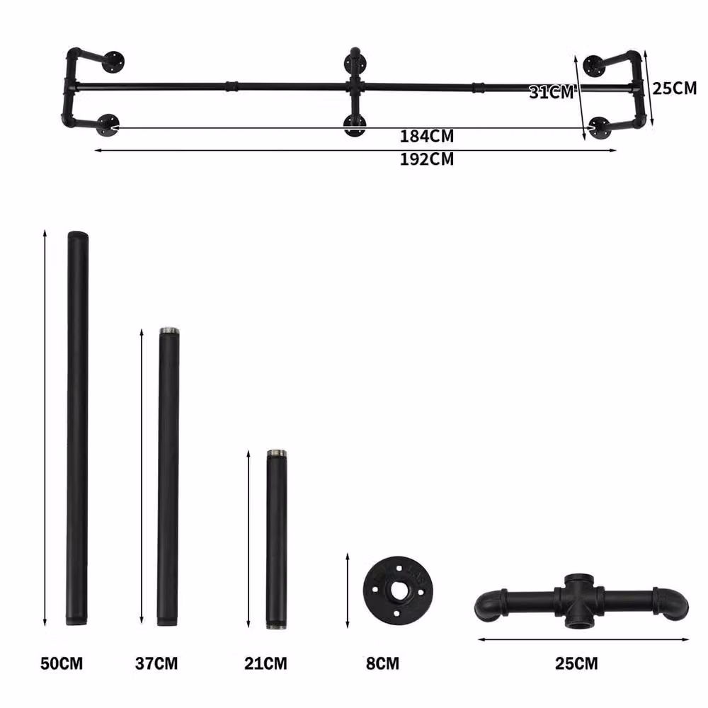VOGREX Industrial Matt Black Wall Mount Continuous Linear Clothes Rail, Width: 184 cm – 2