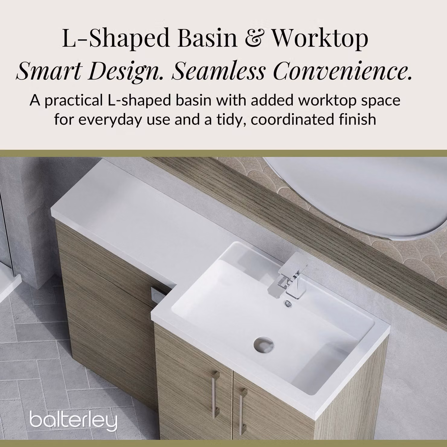 Balterley Solace Oak Right Hand Bathroom Vanity Basin and WC Unit, Brown, W: 110 cm, D: 39 cm – 2